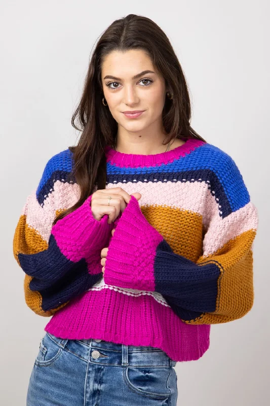 Simply Southern Striped Cropped Sweater for Women in Royal | PP-0224-SWTR-CLRSTRP-ROYAL Open Front Closed Front Wrap Front