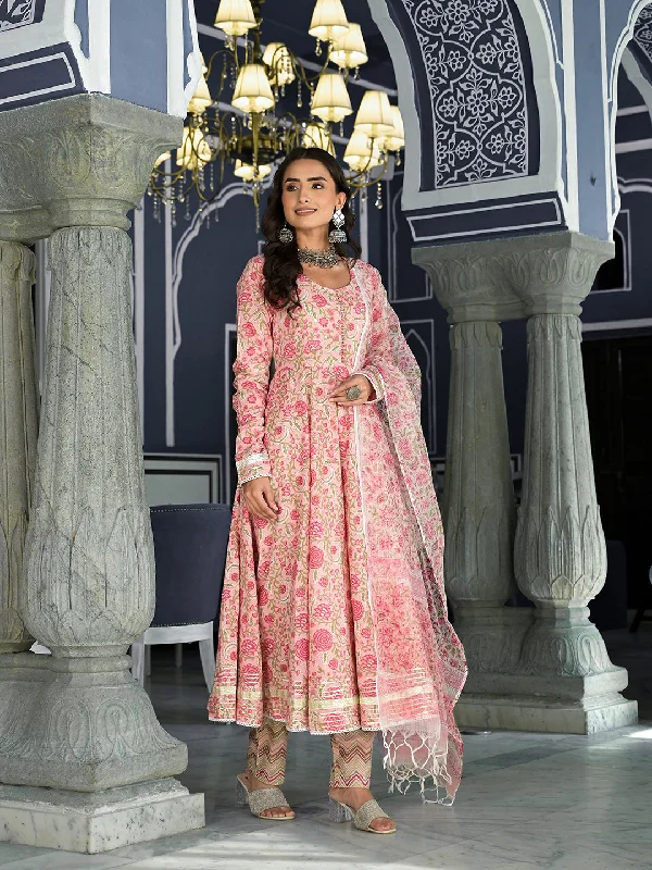 Divena Pink Floral Hand Block Printed Anarkali Kurta Trouser with Dupatta Set Trousers Gym Athletic