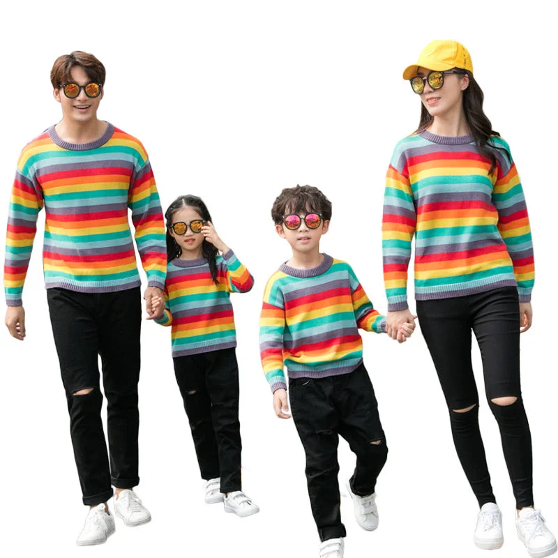Family Matching Rainbow Striped Sweater Fitted Loose Oversized