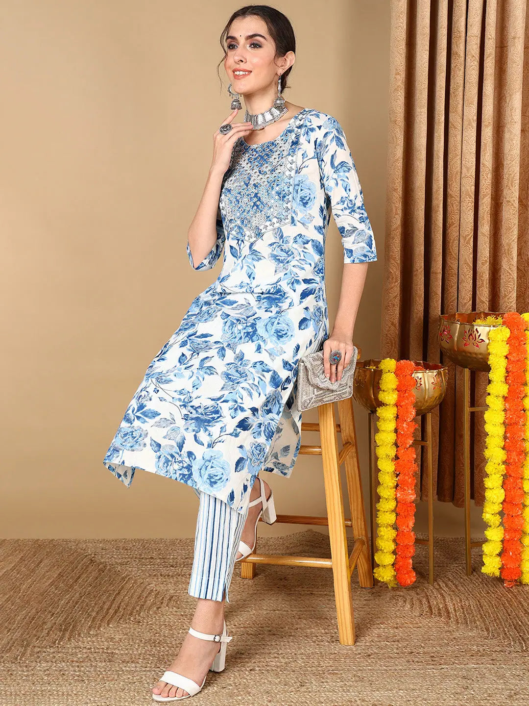 Ahika Women Blue Cotton Blend Floral Printed Mirror Work Straight Kurta With Trousers Trousers Timeless Classic