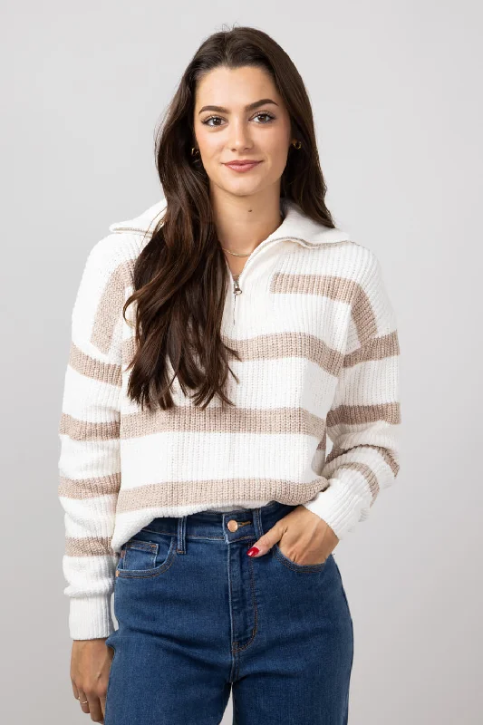 Simply Southern Stripe Quarter Zip Sweater for Women in Desert Tan | PP-0224-SWTR-QTRZIP-DESERT Welt Pockets Slit Pockets Flap Pockets