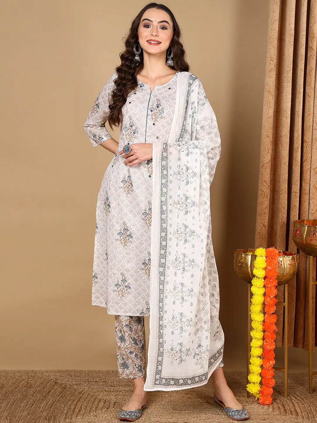 Ahika Women Off White Pure Cotton Ethnic Motifs Printed Kurta Trouser With Dupatta-VKSKD2071_S Trousers Bestseller Popular