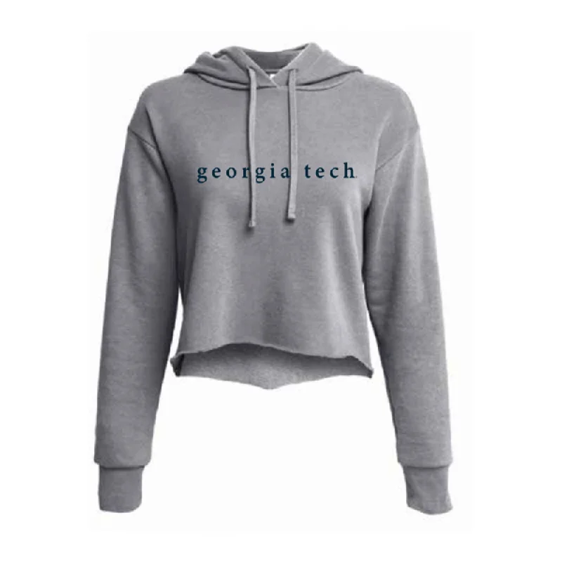 Ladies Georgia Tech Yellow Jackets Hooded Crop Grey Sweatshirt Hoodie with Back Slit Movement Comfort