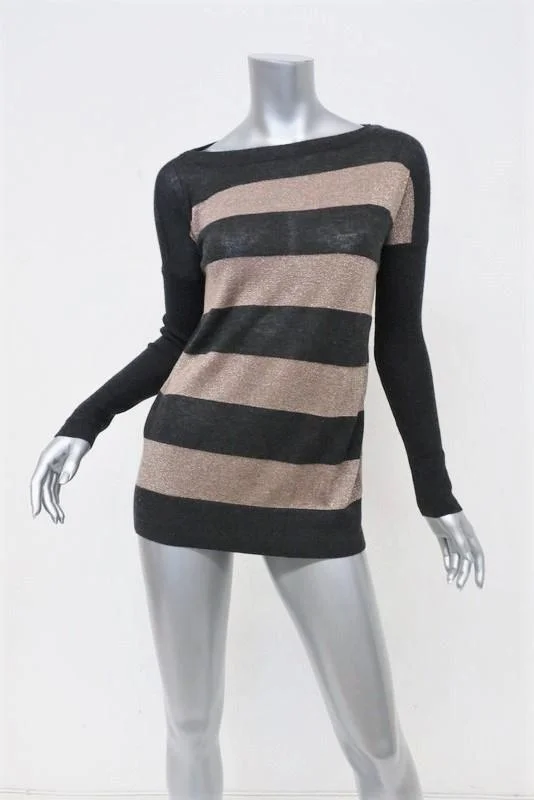 Vince Cashmere Sweater Charcoal/Gold Metallic Rugby Stripe Pullover Size Small Flare Sleeve Stylish