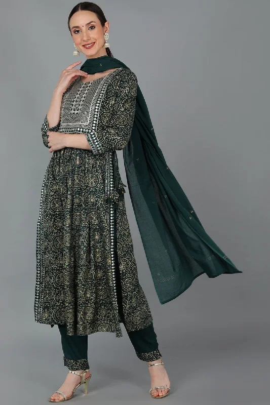 Green Viscose Rayon Abstract Straight Kurta Trousers With Dupatta Trousers Satin Smooth