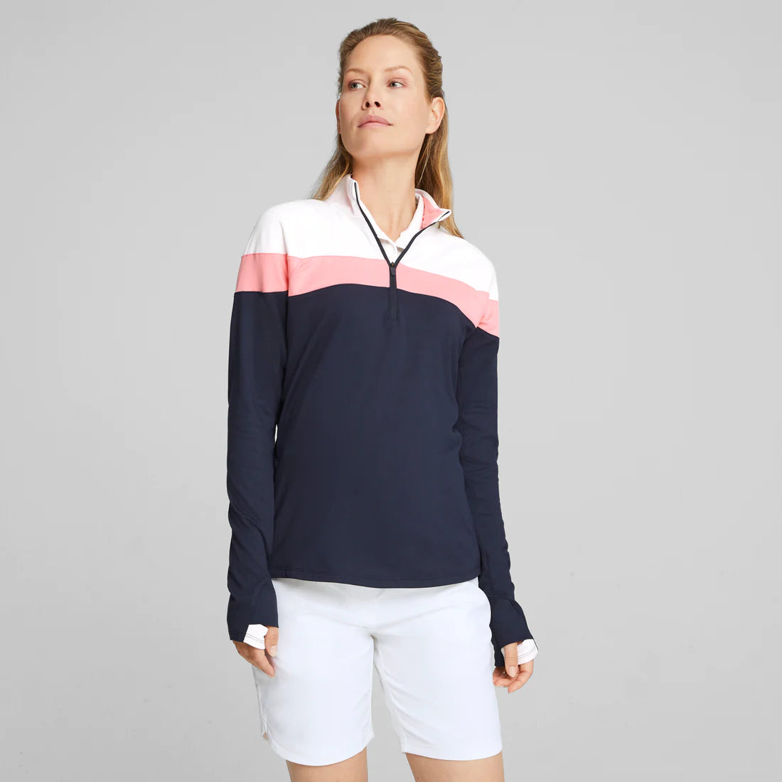 Puma Women's Lightweight 1/4 Zip Pullover- Navy/Koral/Ice Set Sleeve Pullover