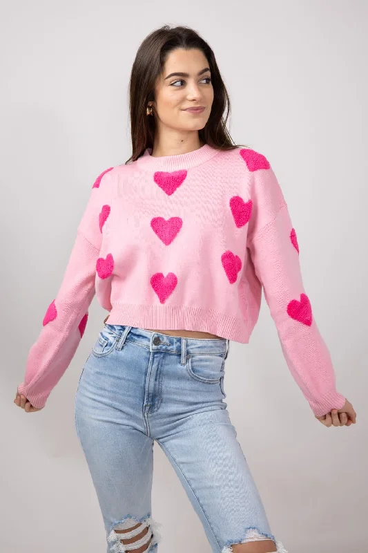 Simply Southern Cropped Valentines Sweater for Women in Pink | PP-0224-SWTR-CRP-VAL Embroidered Appliqued Beaded