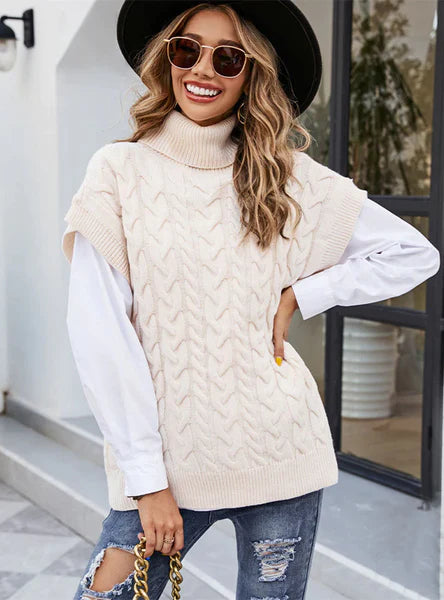 WOMEN TURTLENECK TWIST SLEEVELESS PULLOVER SWEATER Gathered Sleeve Pullover