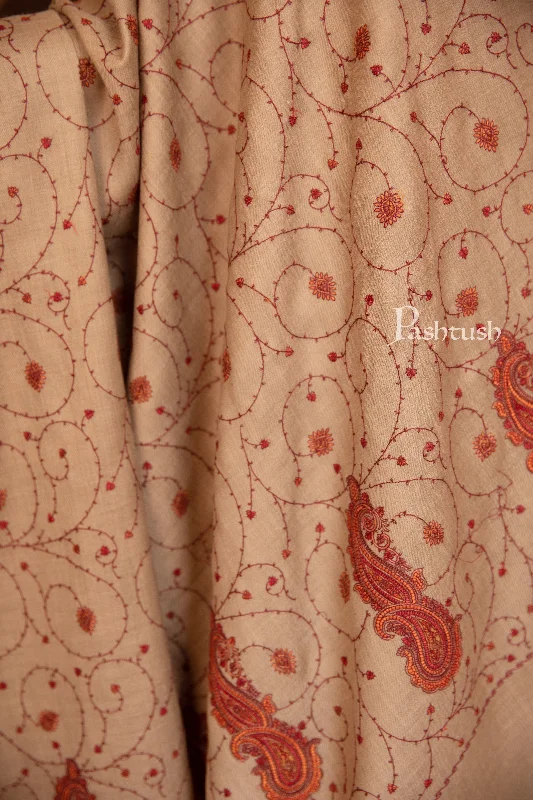 Pashtush Womens Fine Wool Shawl, Heavy Jaal Embroidery Design, Beige Chic Floral Print Shawl