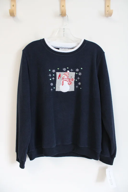 Madison Taylor Navy Snowman Fleece Sweatshirt | L Petite Hoodie with Raglan Sleeves Sporty Comfortable