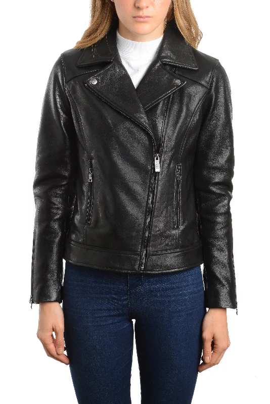 REED EST. 1950 Women's Jacket Genuine Lambskin Leather Biker Fashion Coat - Imported Satin Fabric Silk Fabric Chiffon Fabric