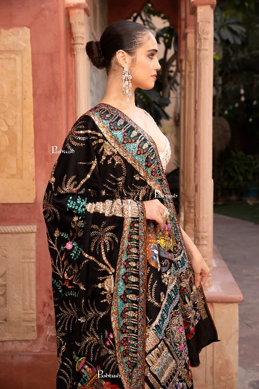 Pashtush Womens Shawl, Tilla Embroidery, Raj Darbar, Silk Wool, Black Classic Shawl with Tassels