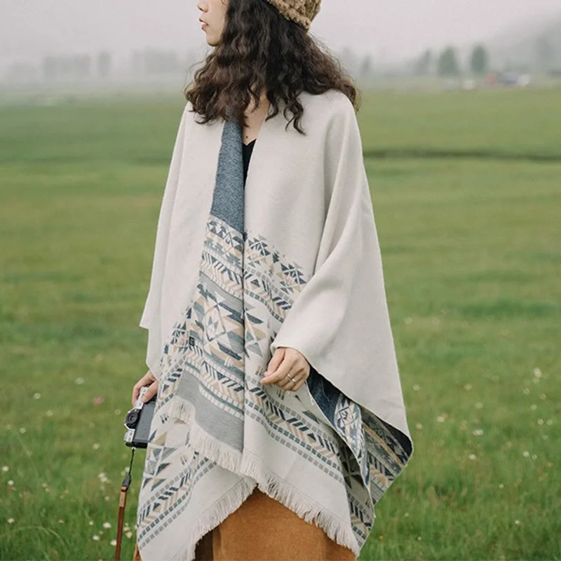 Buddha Stones Tibetan Beige Geometric Pattern Tassels Shawl Fall Winter Warm Scarf Wrap Elegant Long Shawl Scarf