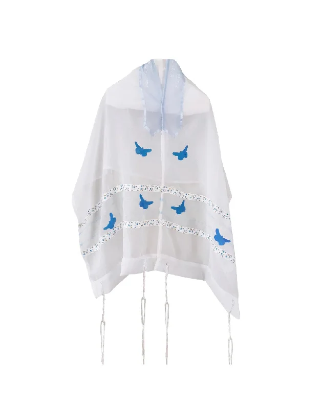 Blue Butterfly Tallit for Girls, Bat mitzvah Tallit, Feminine Tallit, Women's Tallit Prayer Shawl Classic Plain Shawl Wrap