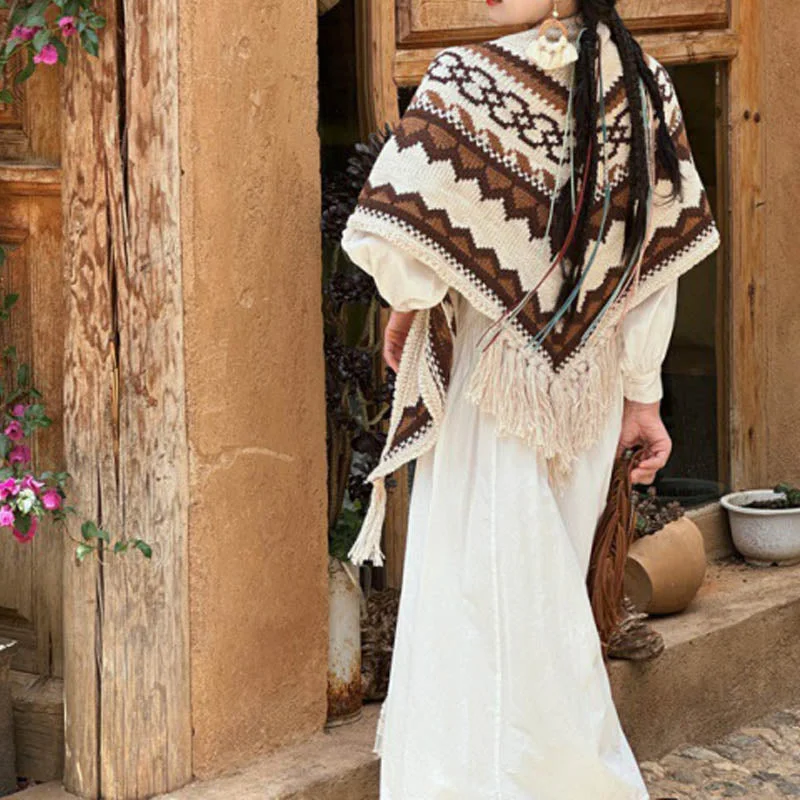 Buddha Stones Tibetan Striped Brown Beige Tassel Shawl Winter Cozy Travel Scarf Wrap Soft Cashmere Shawl Cape