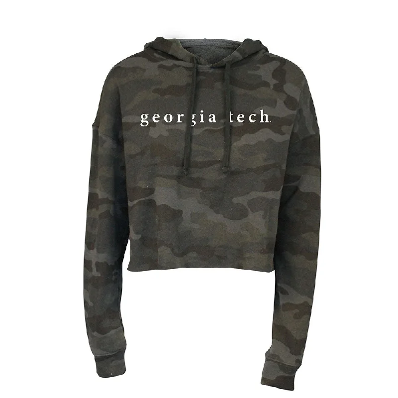 Ladies Georgia Tech Yellow Jackets Hooded Crop Camo Sweatshirt Hoodie with Front Slit Layering Stylish