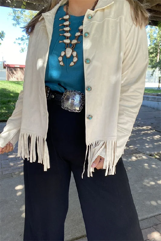 XCH15455 Suede fabric long sleeve w/fringe&tassel w/turquoise button women beige jackets/coats Herringbone Jacket Checkered Jacket Solid Jacket
