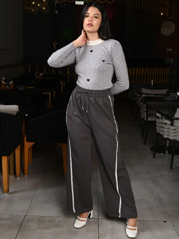 Odette Grey Knit Fabric Solid Trousers For Women Trousers Ceremony Elegant