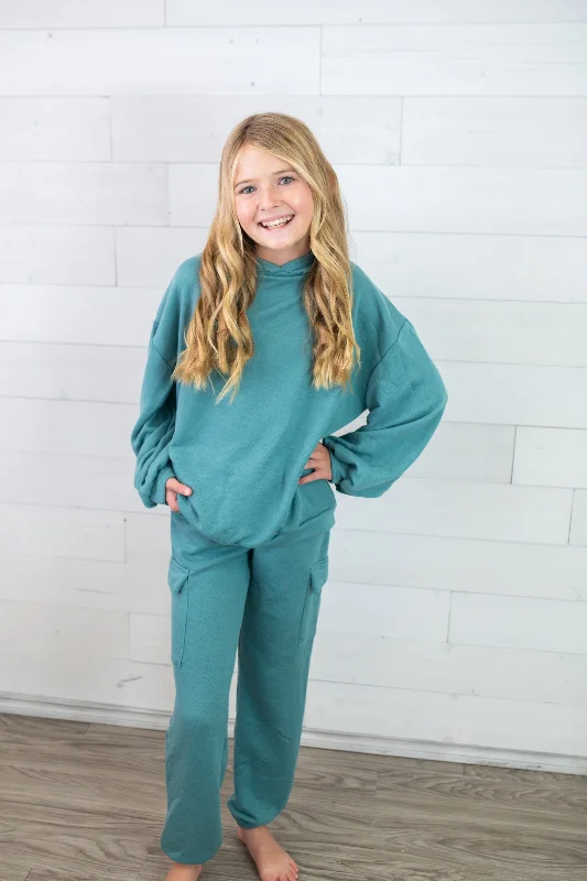Good Girl Cotton French Terry Hoodie-Teal Hoodie with Hem Contrast Bold Stylish
