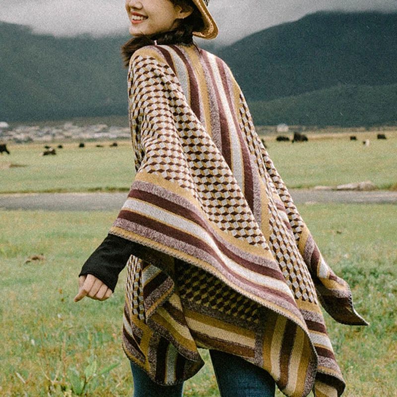 Buddha Stones Tibetan Shawl Classic Pattern Winter Cozy Warm Travel Scarf Wrap Elegant Knit Shawl Cape