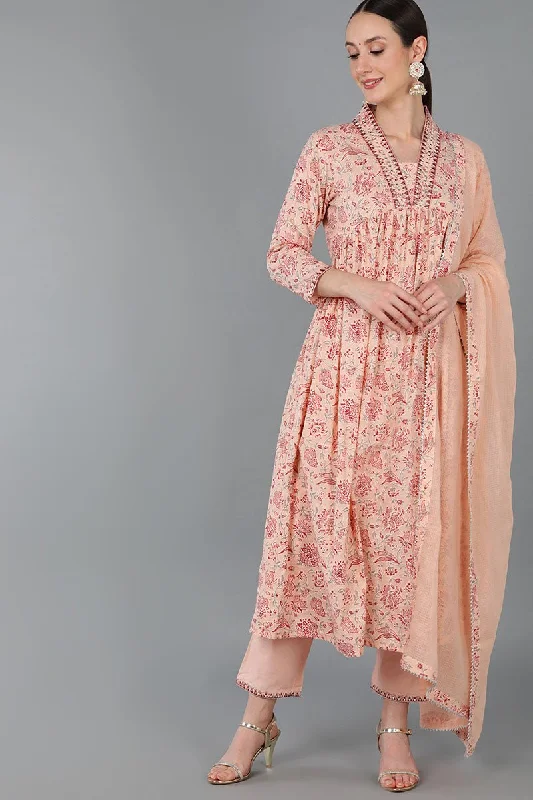 Nude Cotton Floral Anarkali Kurta Trousers With Dupatta Trousers Corduroy Warm