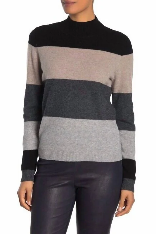 Cashmere Pullover Mock Neck Wide Stripes Sweater In Multicolor Blouson Sleeve Pullover