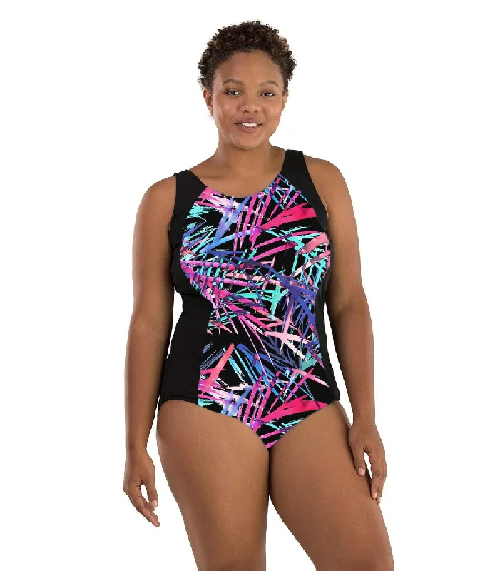 AquaSport Princess Seam Tanksuit - Tall - Sunset Palm Print Black - FINAL SALE grey tank top