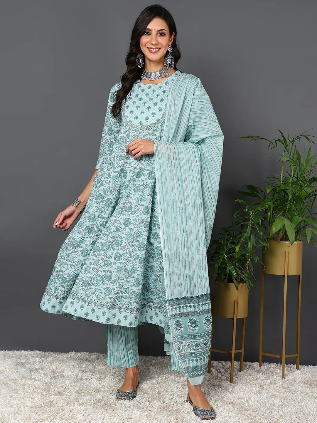 Ahika Women Sea Green Pure Cotton Floral Printed Kurta Trouser With Dupatta-VKSKD2018_S Trousers Cargo Utility