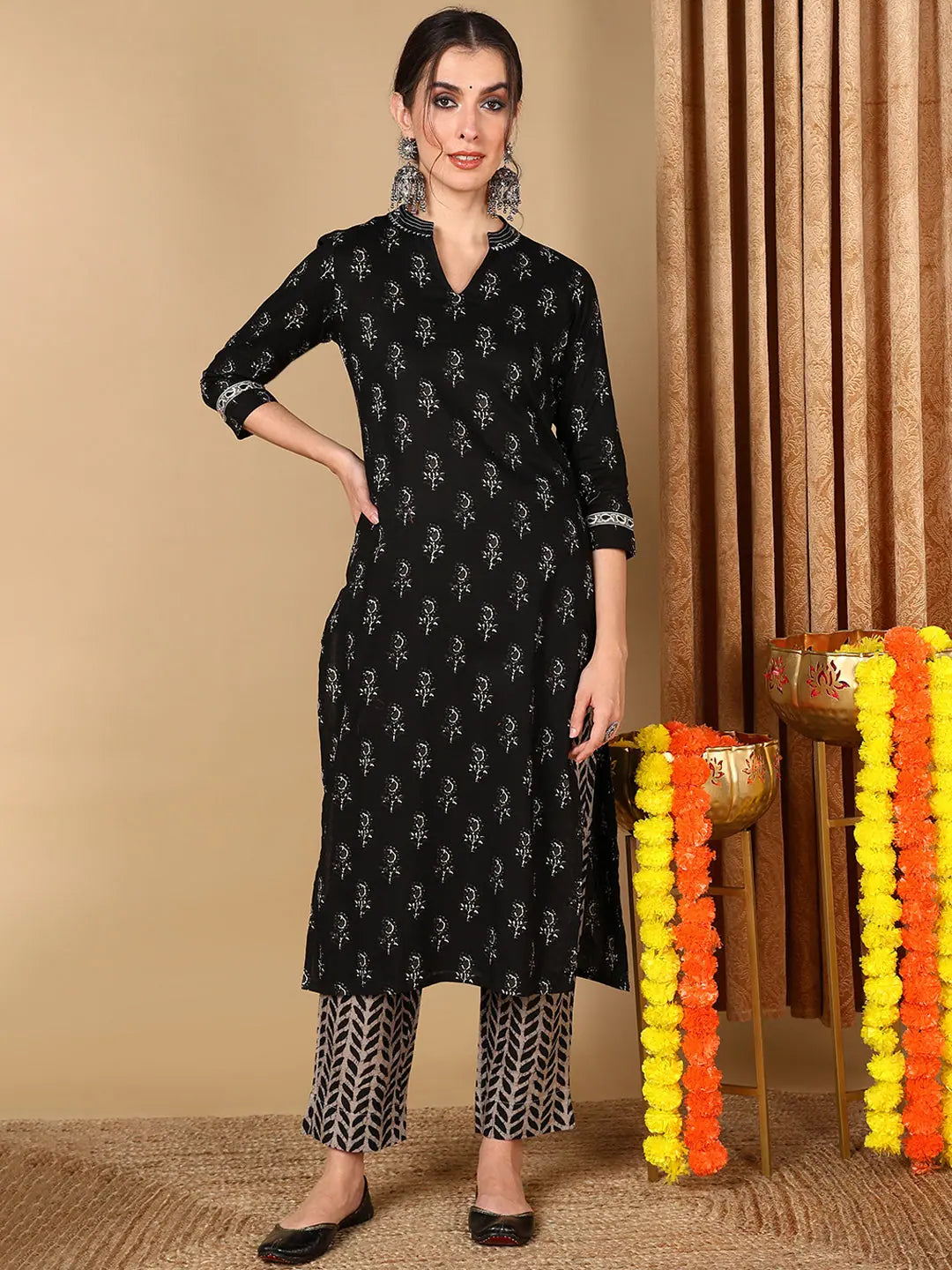 Ahika Women Black Cotton Blend Ethnic Motifs Printed Straight Kurta With Trousers Trousers sophisticated sleek