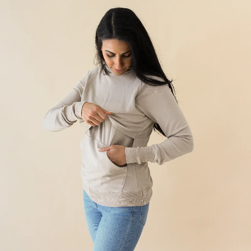 Women's French Terry Nursing Hoodie in Almond Hoodie with Slim Fit Tailored Modern