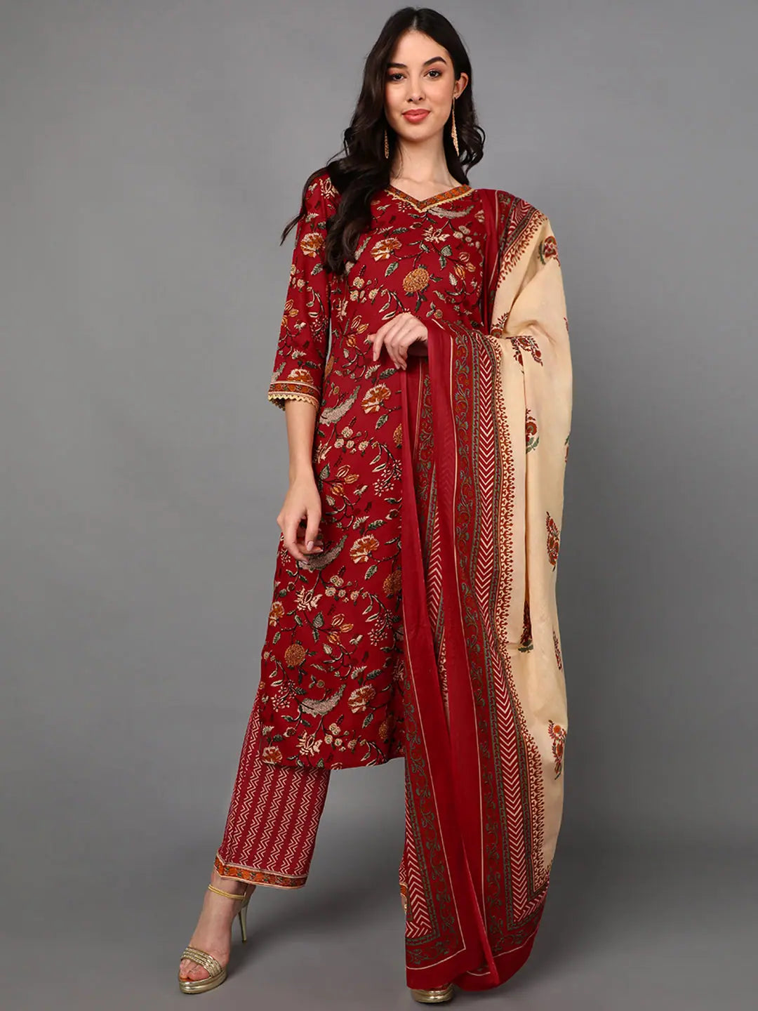 Ahika Cotton Floral Printed Kurta Trousers Dupatta-VKSKD1425_S Trousers Palazzo Wide Leg