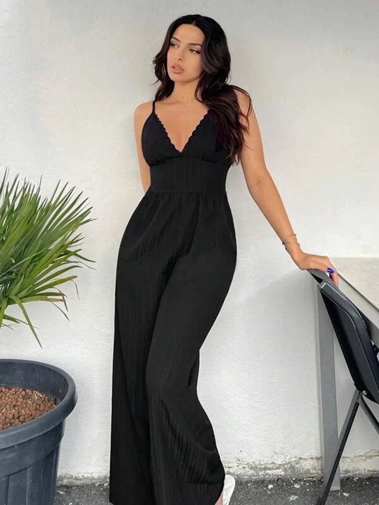 Stylish and elegant woven ribbon lace V-neck corset loose wide leg trousers long mop trousers loose jumpsuit Trousers sophisticated sleek Stylish and elegant woven ribbon lace V-neck corset loose wide leg trousers long mop trousers loose jumpsuit Trousers sophisticated sleek
