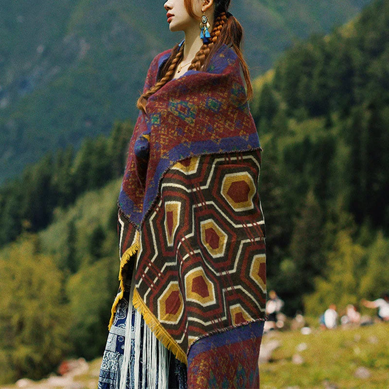 Buddha Stones Tibetan Shawl Brown Blue Red Geometric Shapes Pattern Winter Cozy Travel Scarf Wrap Trendy Crochet Shawl Scarf