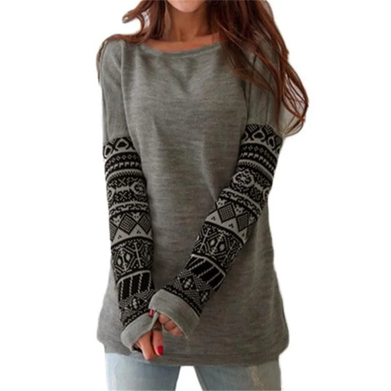 Women Fashion O Neck Printed Long Sleeve Loose Casual Tops Pullover Plus Size S-5XL Cap Sleeve Casual