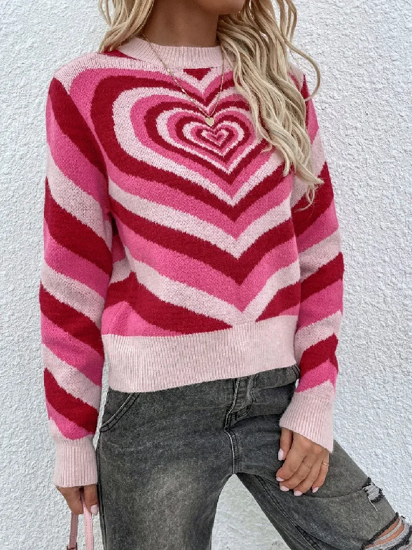 FASHION STRIPED HEART ROUND NECK PULLOVER SWEATER Leg Sleeve Comfort