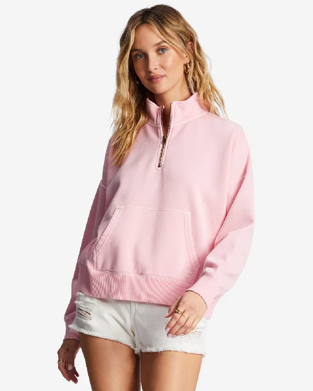 Lazy Mornings Half-Zip Pullover Sweatshirt - Soft Pink Asymmetrical Neck Pullover