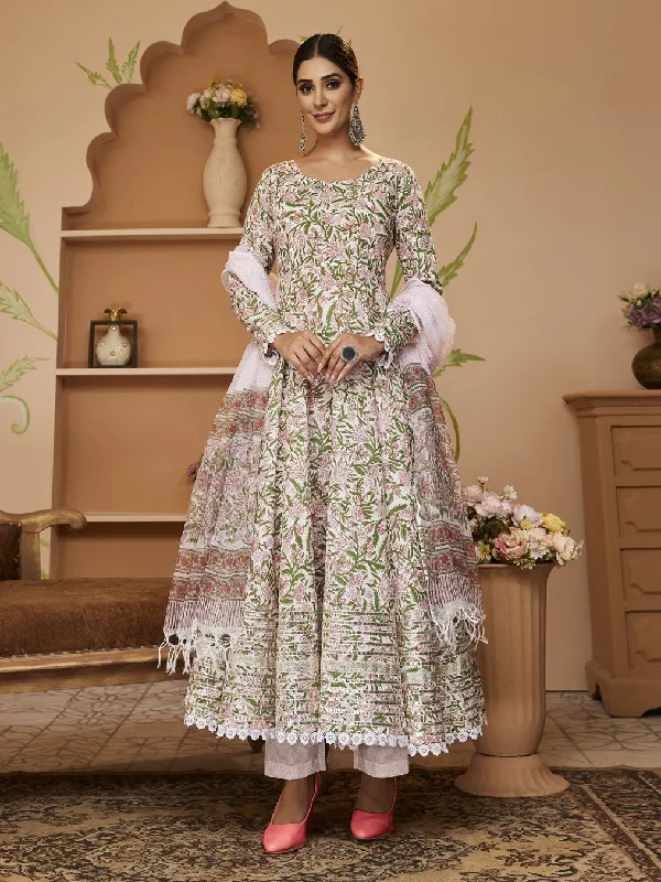 Divena Handblock Printed Green Anarkali Cotton Kurta With Trousers & Dupatta Trousers stylish modern