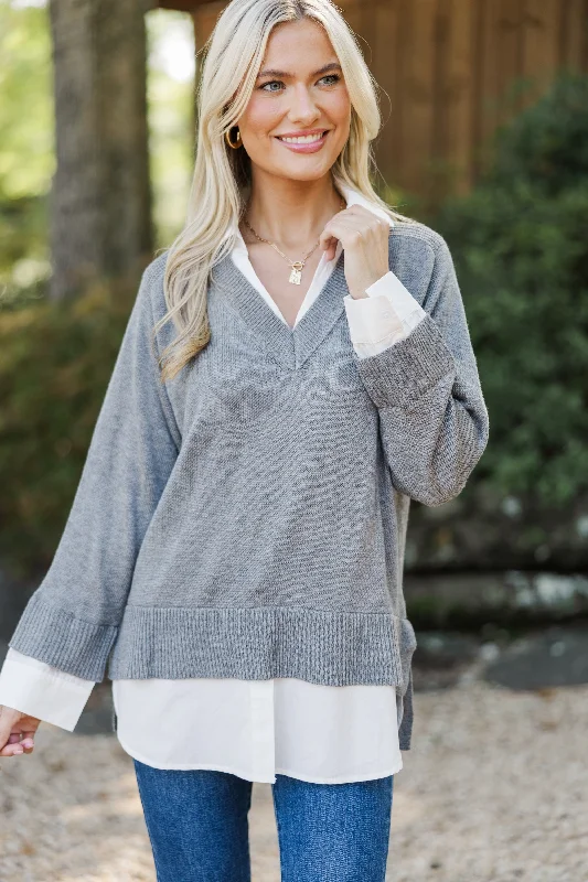 Eyes On You Gray Sweater Collared Crew Neck Turtle Neck