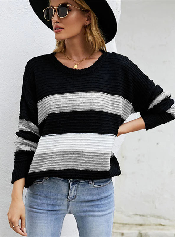 ROUND NECK STRIPED PULLOVER LONG SLEEVE SWEATER Flare Sleeve Stylish