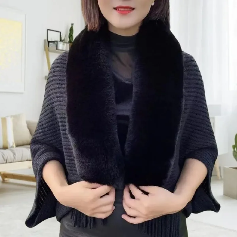 Autumn Loose Thick Imitation-Rabbit Fur Collar Sweater Women Winter Fashion Ladies Cardigan Knitted Wool Shawl Sweater Tops B-258741 Polka Dot Checkered Tartan