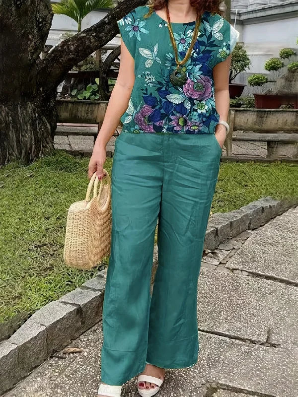 Chic Floral Print Two-Piece Outfit - Comfortable Tank Top & Pocket Pants Set - Perfect for Spring & Summer Style - Womens Fashion Wardrobe Essential slim fit tank
