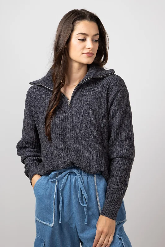 Simply Southern Quarter Zip Sweater for Women in Coal Grey | PP-0224-SWTR-QTRZIP-COAL Wool Fabric Cashmere Fabric Tweed Fabric