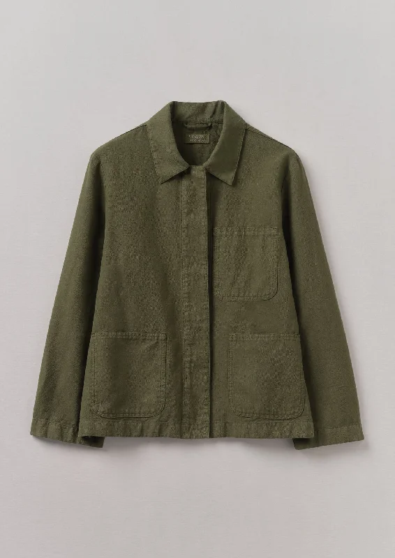 Cotton Linen Herringbone Jacket | Sap Green Stand-Up Collar Roll-Neck Collar Turtle Neck