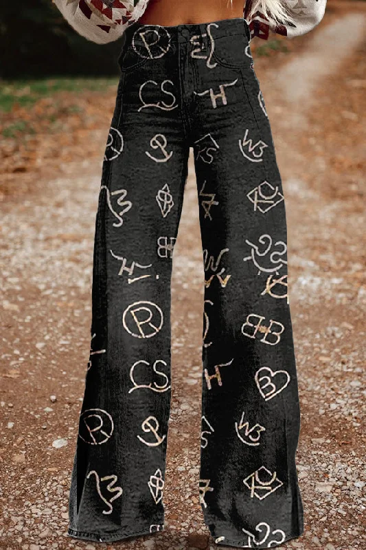 Vintage Western Oracle Print Wide Leg Trousers Trousers Handmade Artisanal