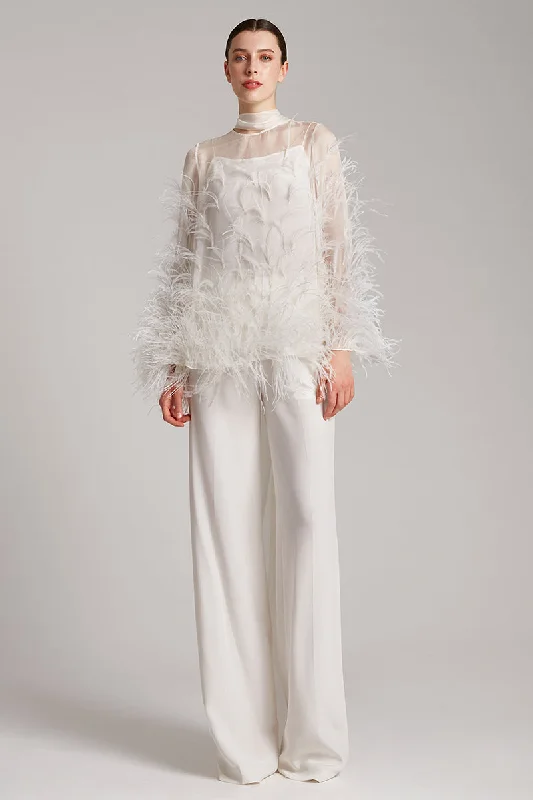 Silk Crepe Wide Leg High Waisted Trousers in White Trousers Top Rated