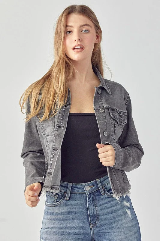 So Simple Grey Frayed Hem Vintage Washed Jacket (Size Small) Boat Neck Shawl Collar Notched Collar