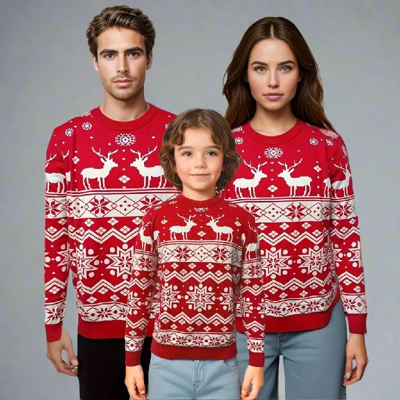 Matching Family Christmas Sweaters – Festive Red with Reindeer and Snowflake Pattern Spandex Rayon Corduroy