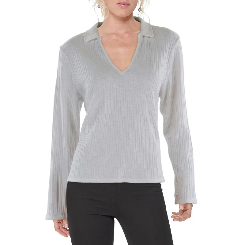 Womens Ribbed V-Neck Pullover Top Ribbed Crew Neck