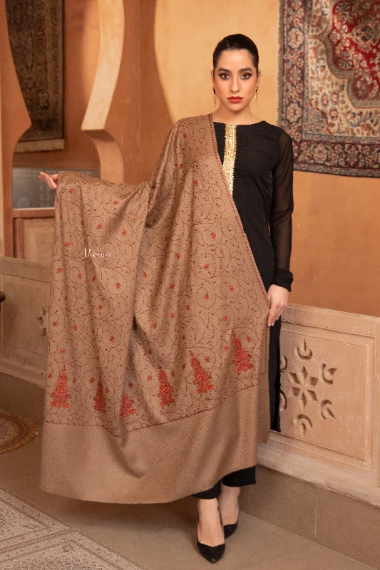 Pashtush Womens Fine Wool Shawl, Heavy Jaal Embroidery Design, Taupe Soft Wool Shawl Wrap