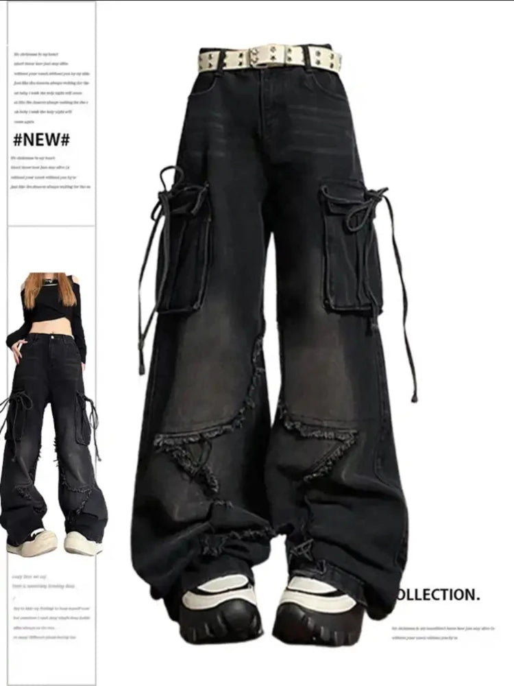 Advbridge Y2K Vintage Cargo Baggy Jeans Women Streetwear Star Patch Pockets Gothic Wide Leg Jeans Punk Harajuku Denim Trousers 2000s Trousers Denim Blue